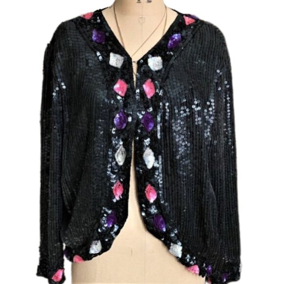 Vintage 80s sequins beaded sparkly jacket kimono cardigan, silk - Picture 1 of 16